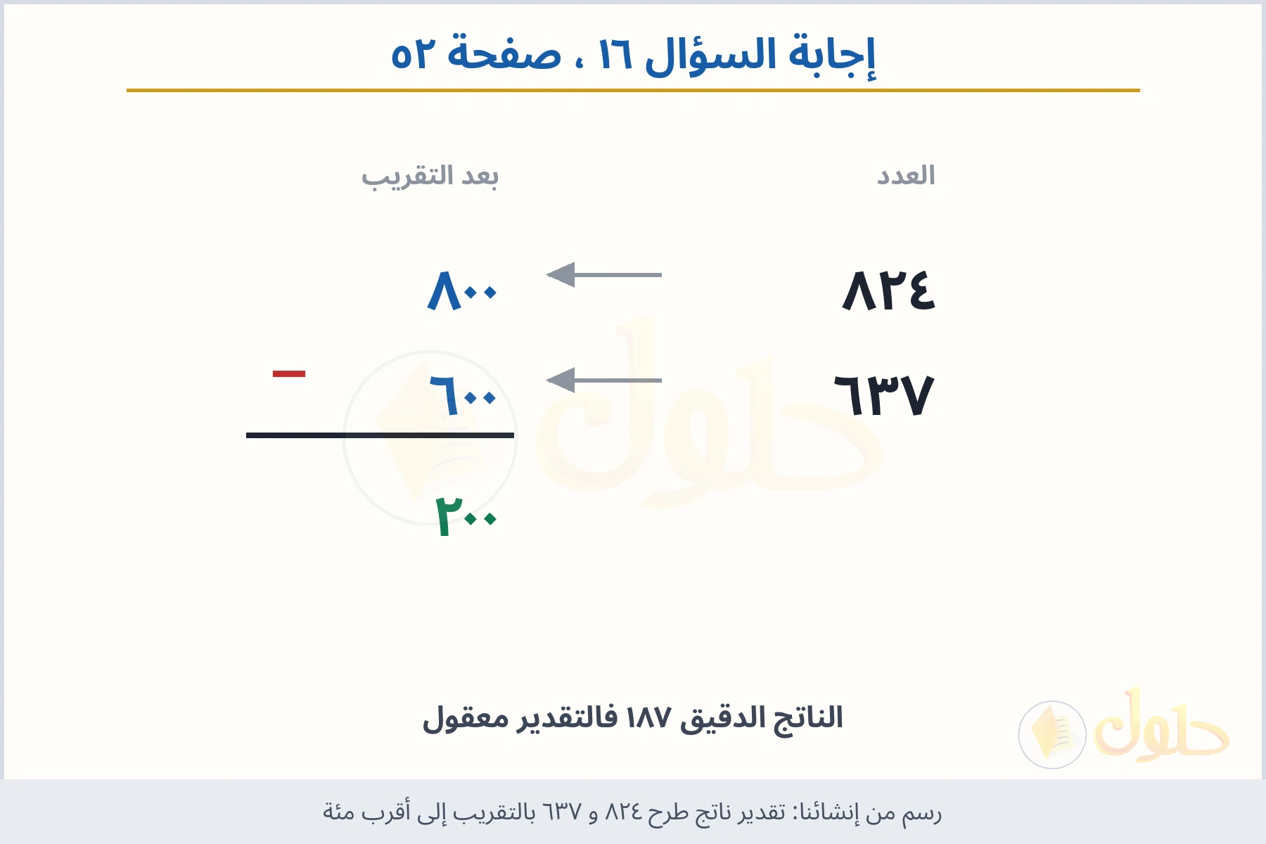 حل السؤال ١٦ صفحة ٥٢ — تقدير ناتج طرح ٨٢٤ و ٦٣٧ بالتقريب إلى أقرب مئة