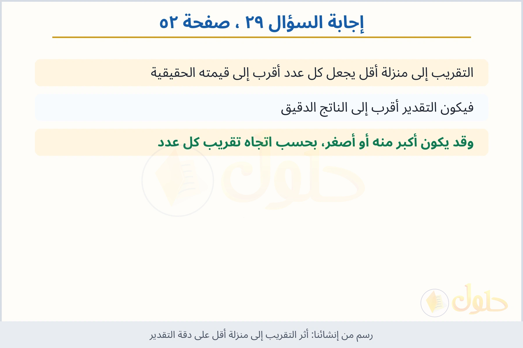 حل السؤال ٢٩ صفحة ٥٢ — أثر التقريب إلى منزلة أقل على دقة التقدير