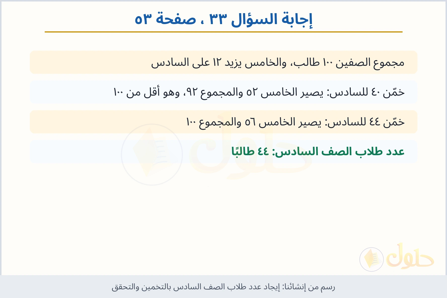 حل السؤال ٣٣ صفحة ٥٣ — إيجاد عدد طلاب الصف السادس بالتخمين والتحقق
