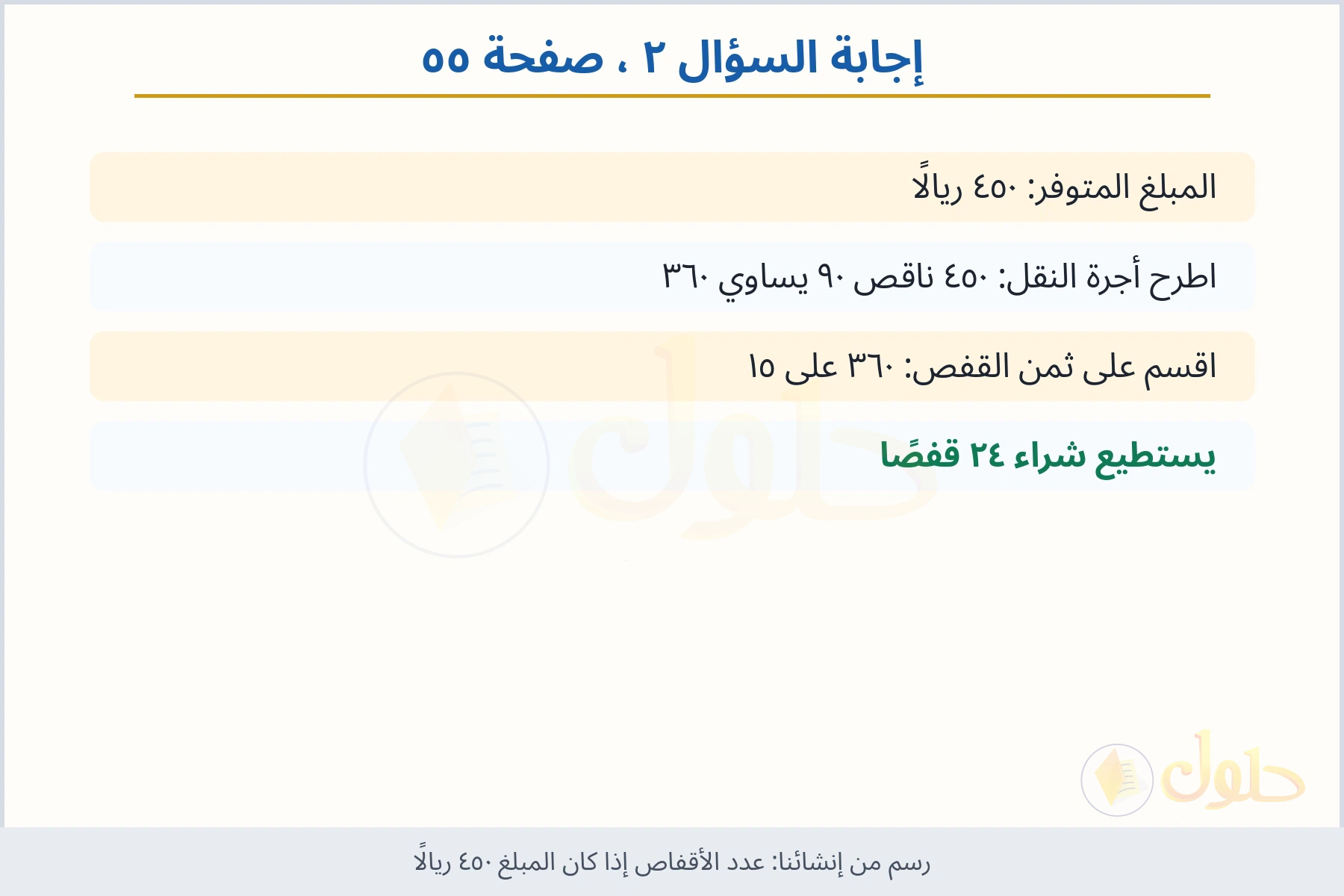 حل السؤال ٢ صفحة ٥٥ — عدد الأقفاص إذا كان المبلغ ٤٥٠ ريالًا