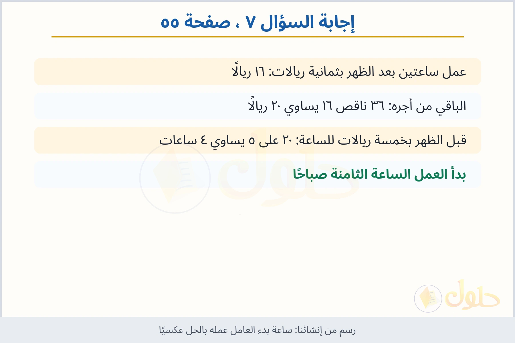 حل السؤال ٧ صفحة ٥٥ — ساعة بدء العامل عمله بالحل عكسيًا