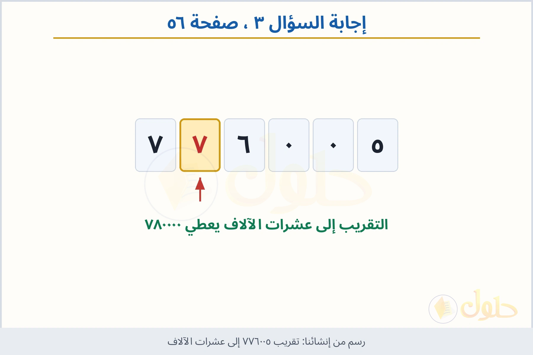 حل السؤال ٣ صفحة ٥٦ — تقريب ٧٧٦٠٠٥ إلى عشرات الآلاف