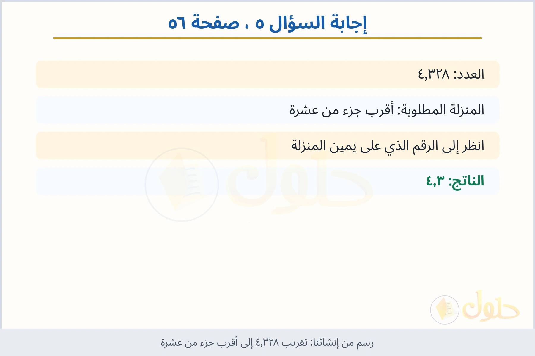 حل السؤال ٥ صفحة ٥٦ — تقريب ٤٫٣٢٨ إلى أقرب جزء من عشرة