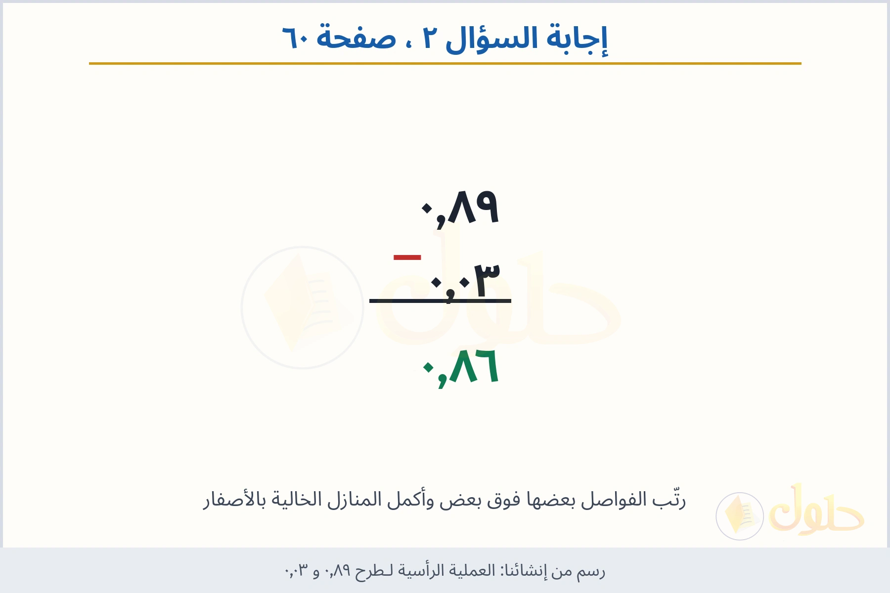 حل السؤال ٢ صفحة ٦٠ — العملية الرأسية لـطرح ٠٫٨٩ و ٠٫٠٣