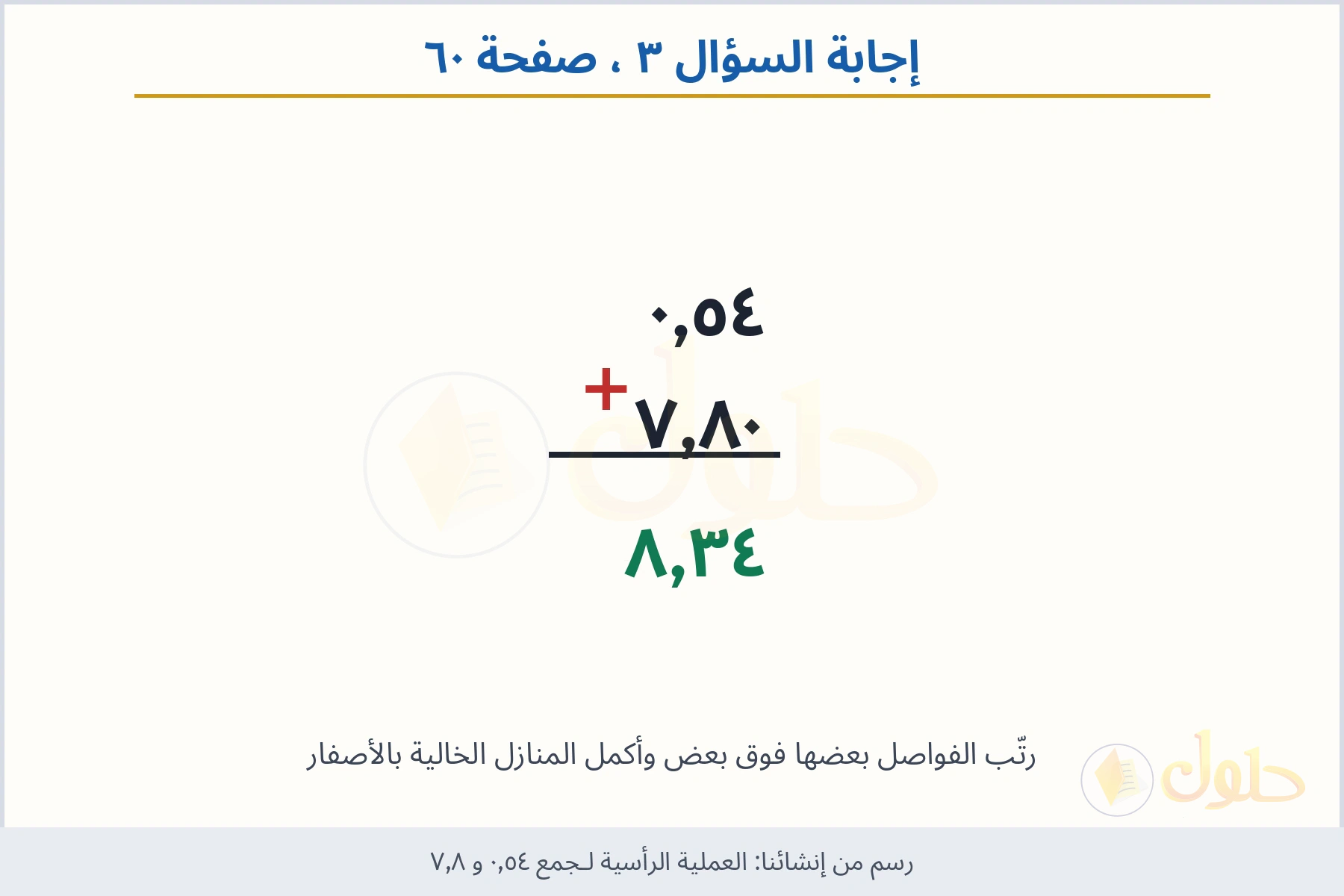 حل السؤال ٣ صفحة ٦٠ — العملية الرأسية لـجمع ٠٫٥٤ و ٧٫٨