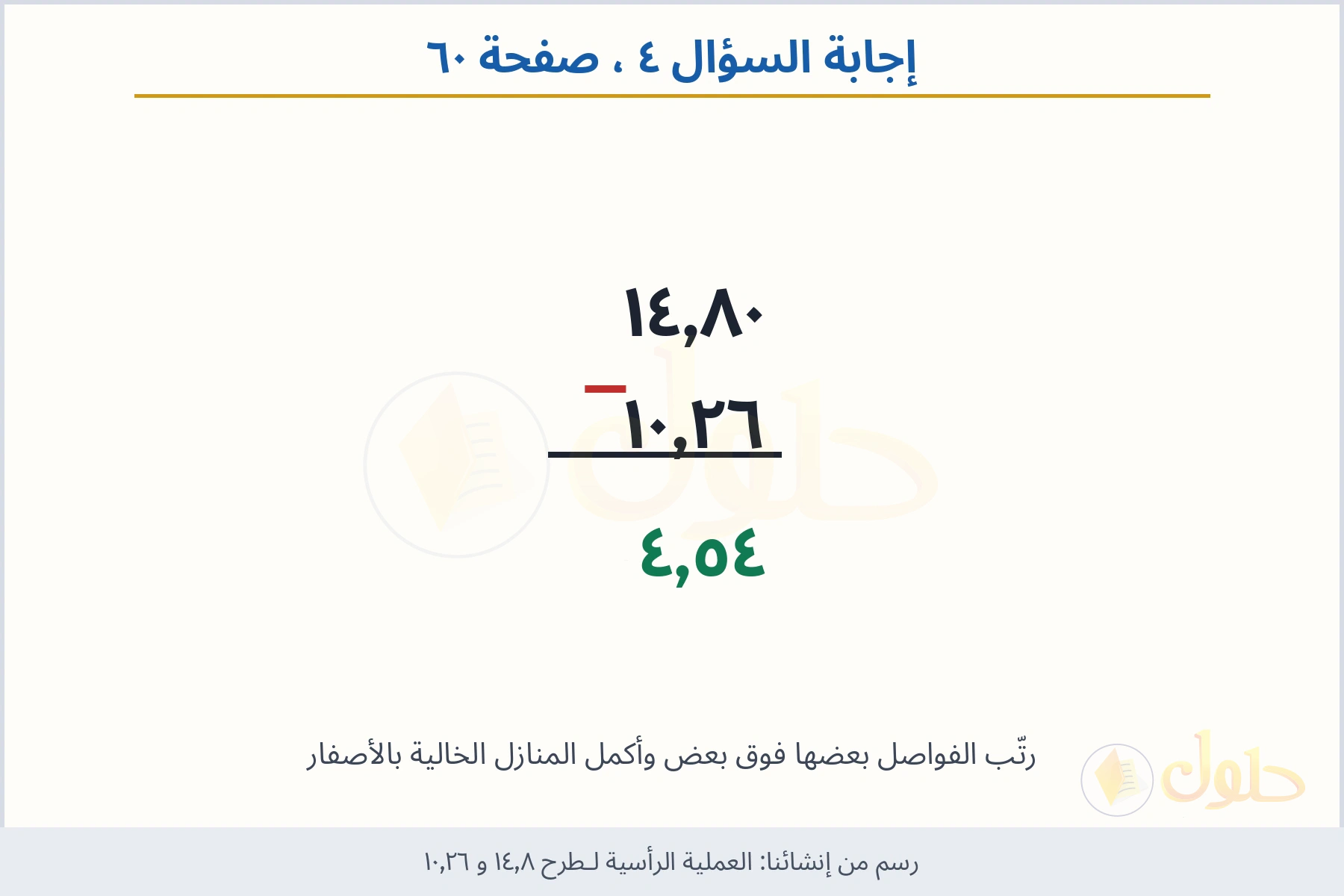 حل السؤال ٤ صفحة ٦٠ — العملية الرأسية لـطرح ١٤٫٨ و ١٠٫٢٦
