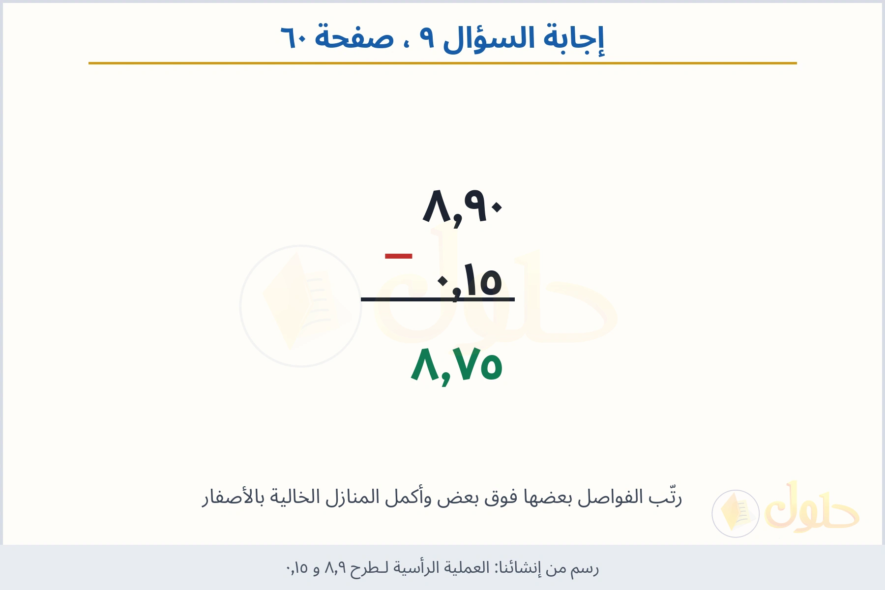 حل السؤال ٩ صفحة ٦٠ — العملية الرأسية لـطرح ٨٫٩ و ٠٫١٥