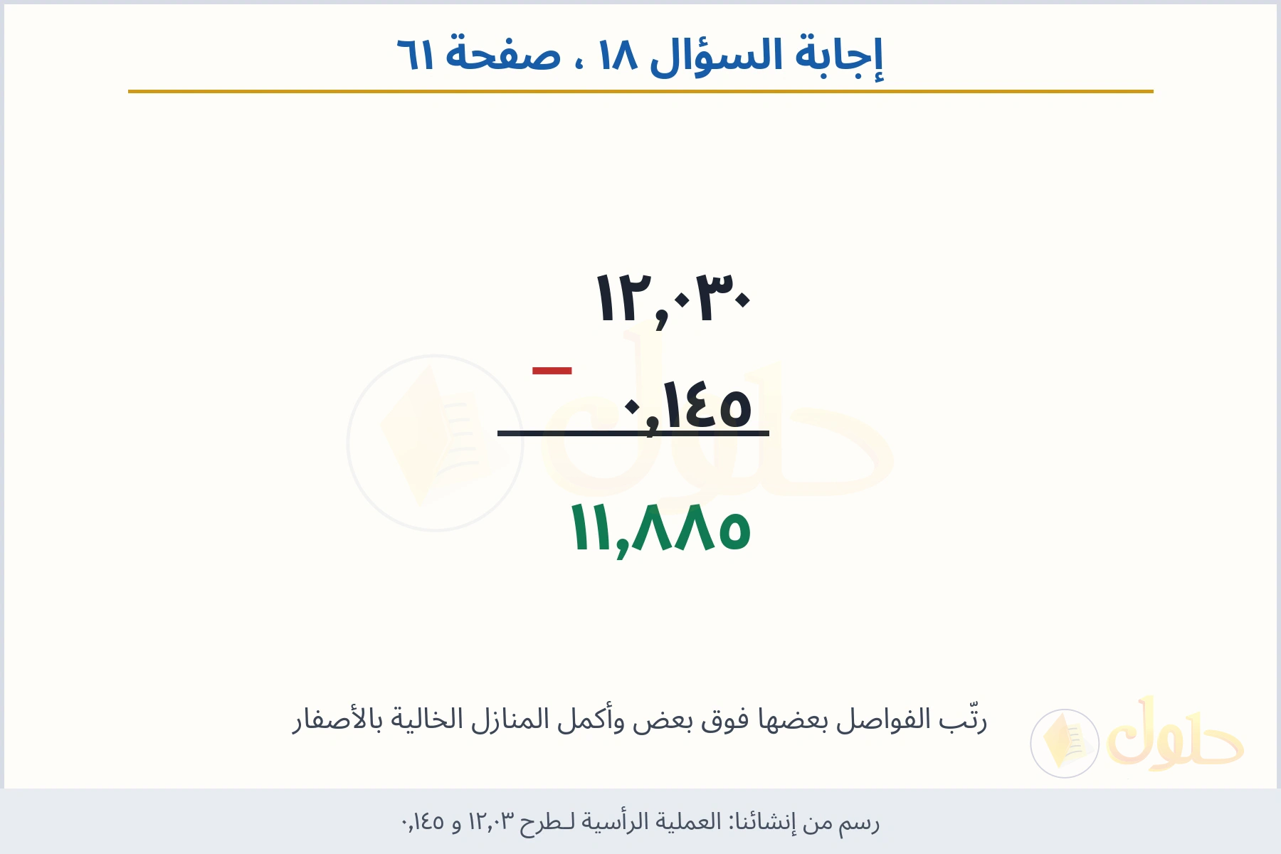 حل السؤال ١٨ صفحة ٦١ — العملية الرأسية لـطرح ١٢٫٠٣ و ٠٫١٤٥