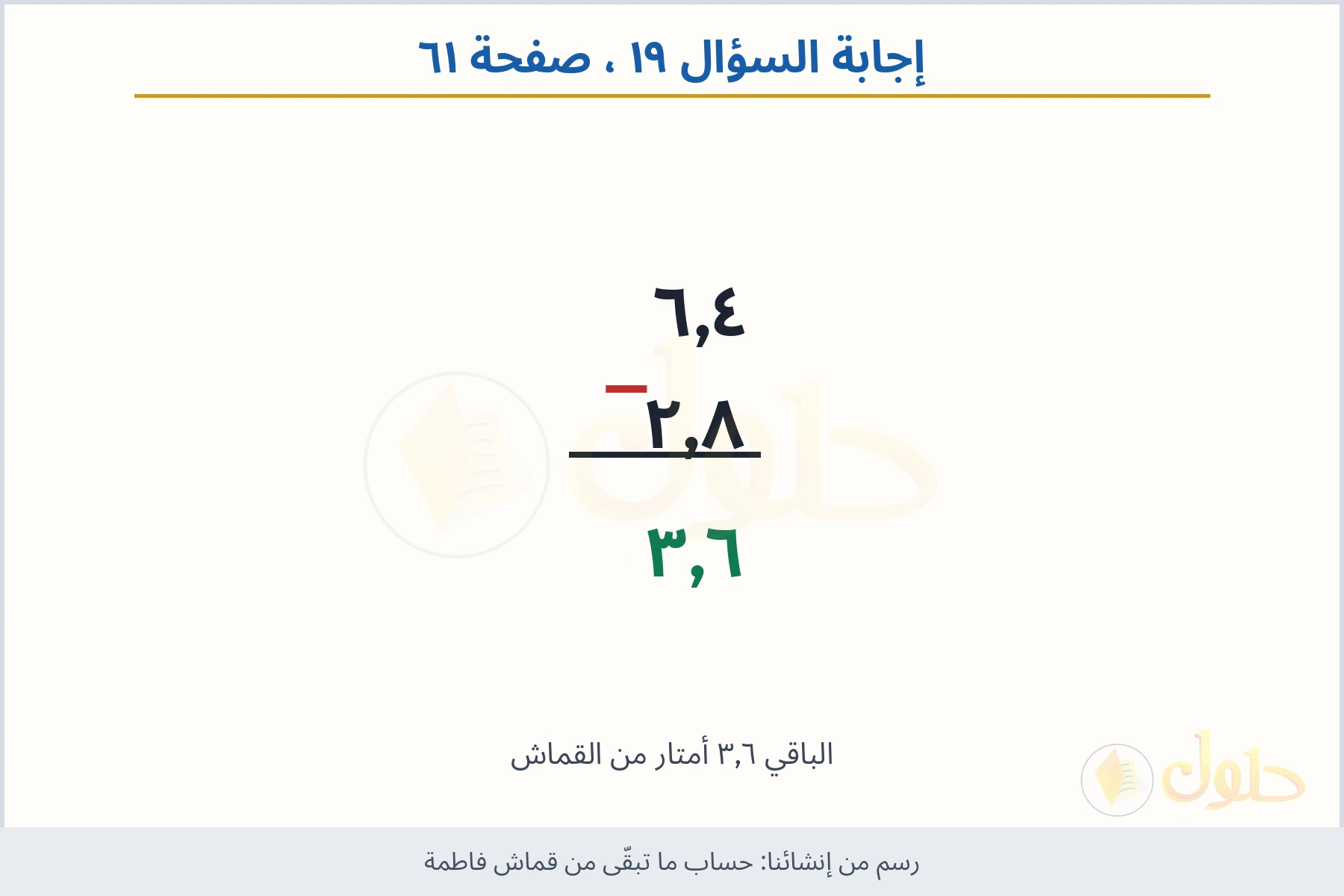 حل السؤال ١٩ صفحة ٦١ — حساب ما تبقّى من قماش فاطمة