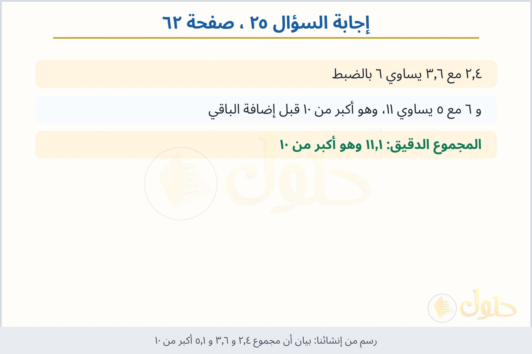 حل السؤال ٢٥ صفحة ٦٢ — بيان أن مجموع ٢٫٤ و ٣٫٦ و ٥٫١ أكبر من ١٠