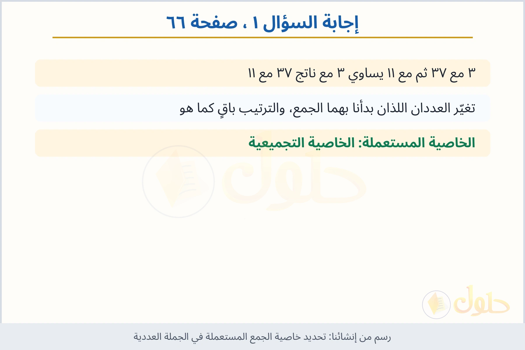 حل السؤال ١ صفحة ٦٦ — تحديد خاصية الجمع المستعملة في الجملة العددية