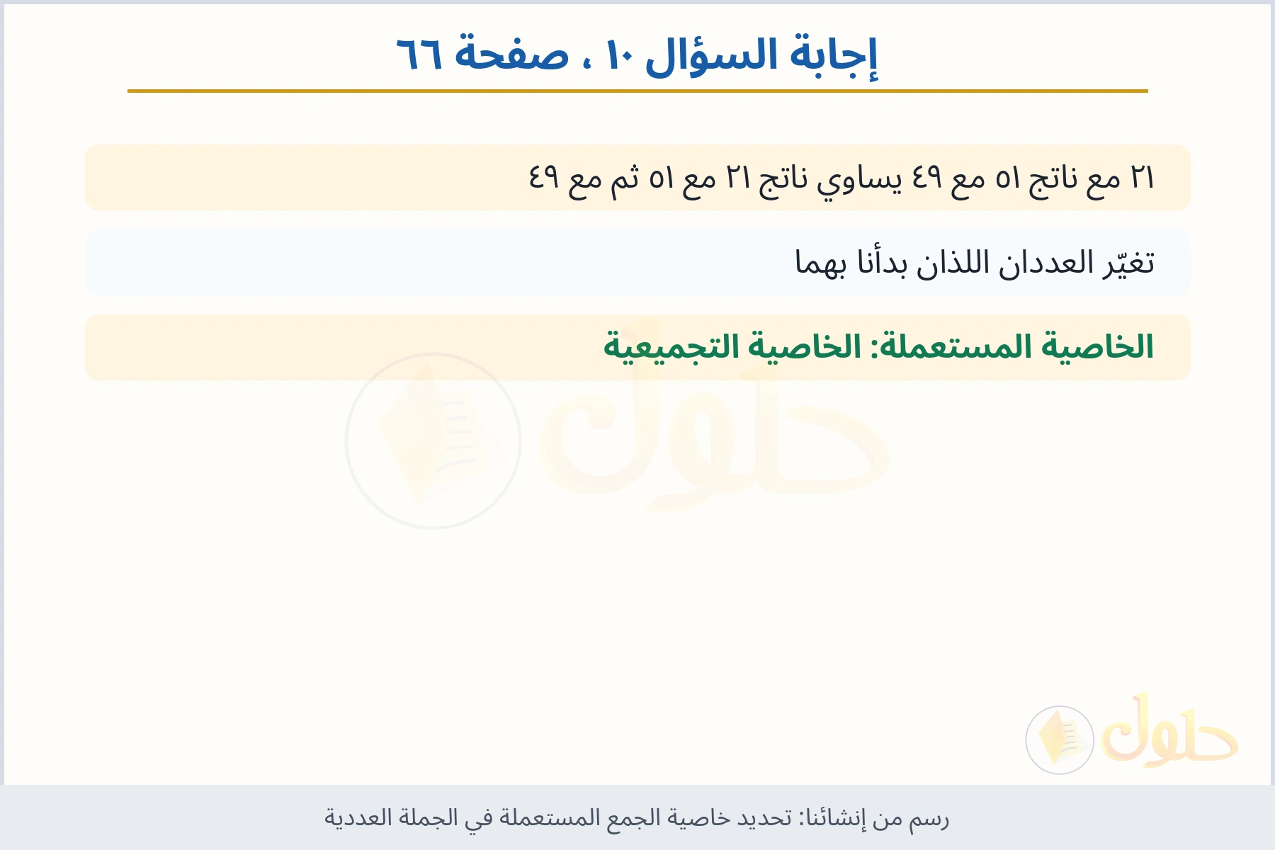 حل السؤال ١٠ صفحة ٦٦ — تحديد خاصية الجمع المستعملة في الجملة العددية