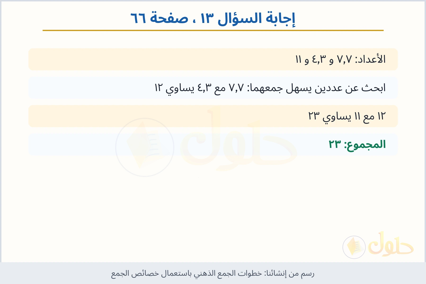 حل السؤال ١٣ صفحة ٦٦ — خطوات الجمع الذهني باستعمال خصائص الجمع