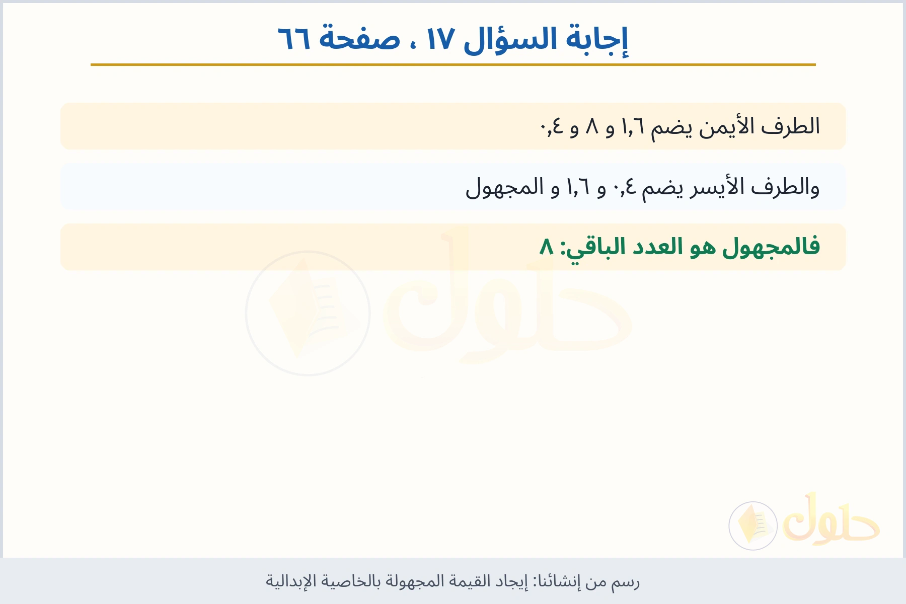 حل السؤال ١٧ صفحة ٦٦ — إيجاد القيمة المجهولة بالخاصية الإبدالية