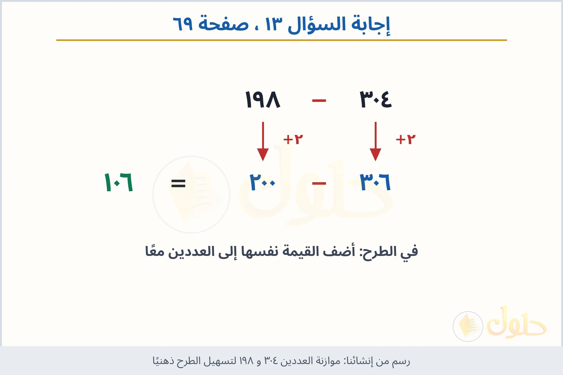 حل السؤال ١٣ صفحة ٦٩ — موازنة العددين ٣٠٤ و ١٩٨ لتسهيل الطرح ذهنيًا