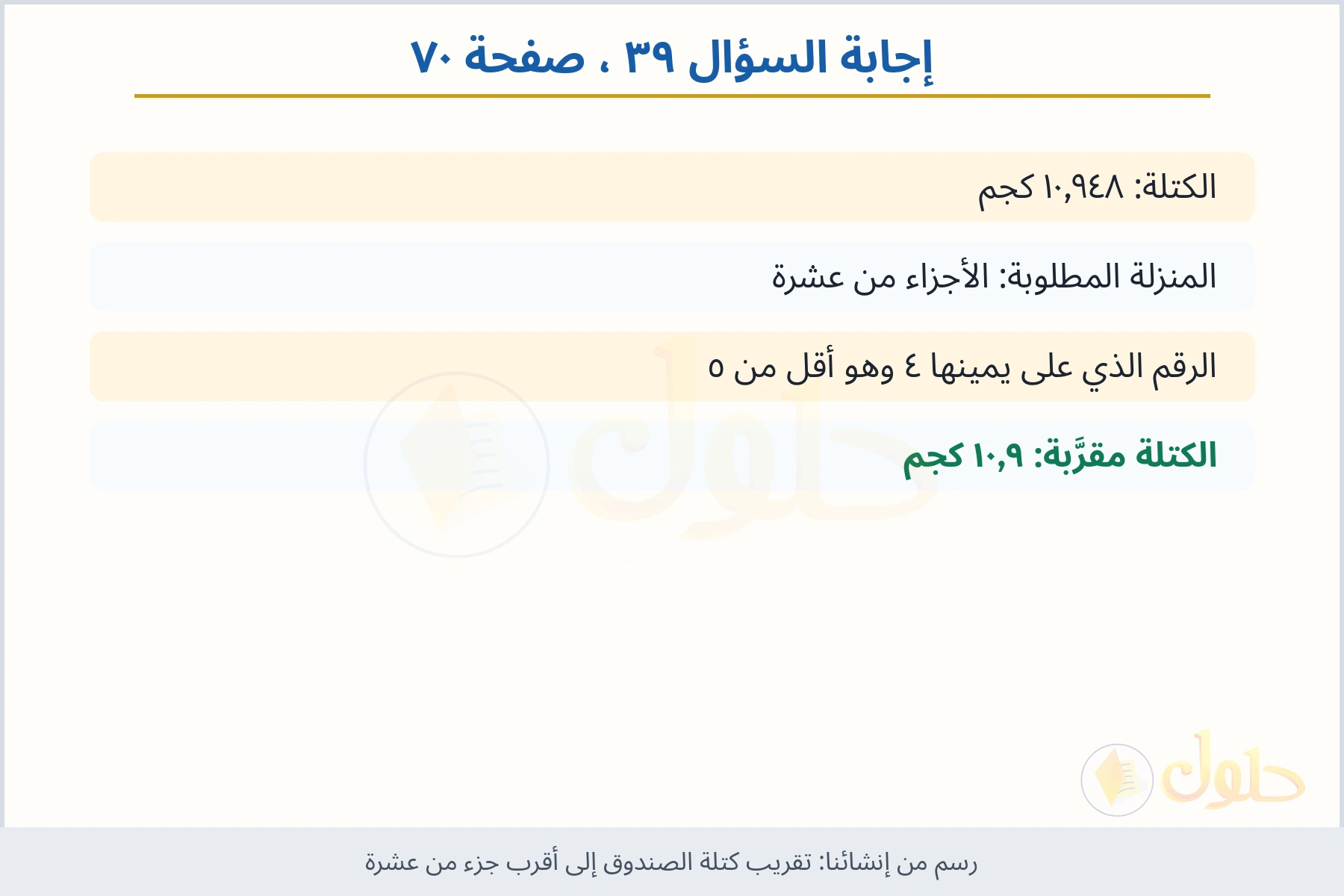 حل السؤال ٣٩ صفحة ٧٠ — تقريب كتلة الصندوق إلى أقرب جزء من عشرة