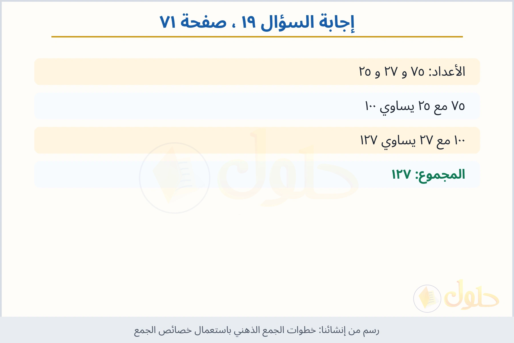 حل السؤال ١٩ صفحة ٧١ — خطوات الجمع الذهني باستعمال خصائص الجمع