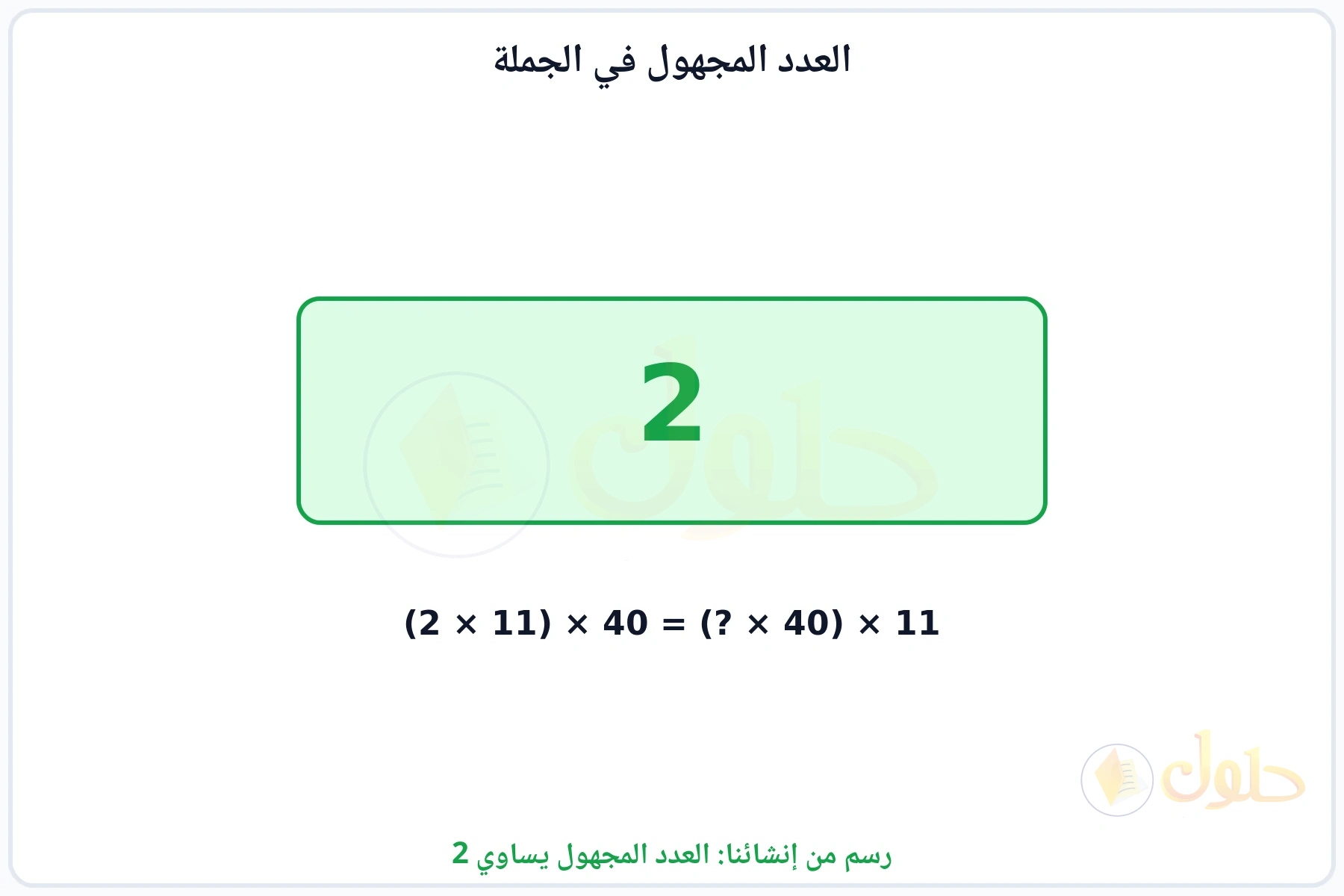 بطاقة تبين أن العدد المجهول في جملة الضرب هو 2