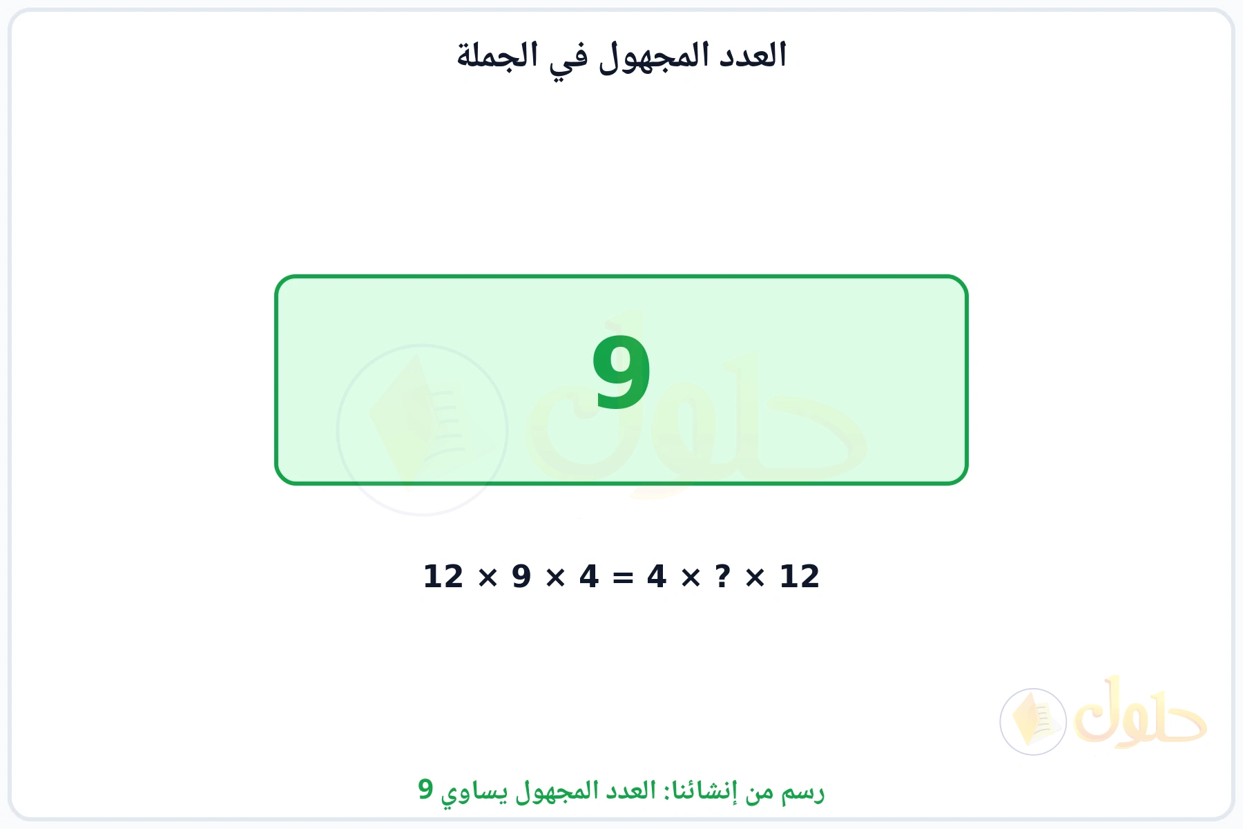 بطاقة تبين أن العدد المجهول في جملة الضرب هو 9