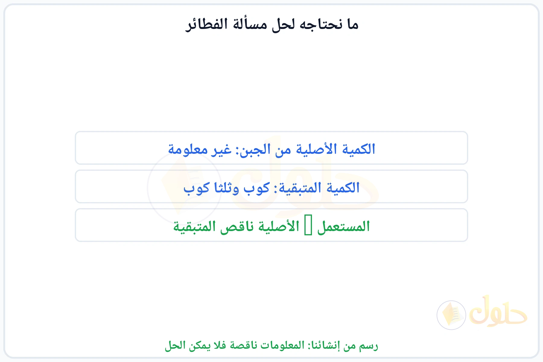 قائمة تبين أن الكمية الأصلية غير معلومة فلا يمكن حل المسألة