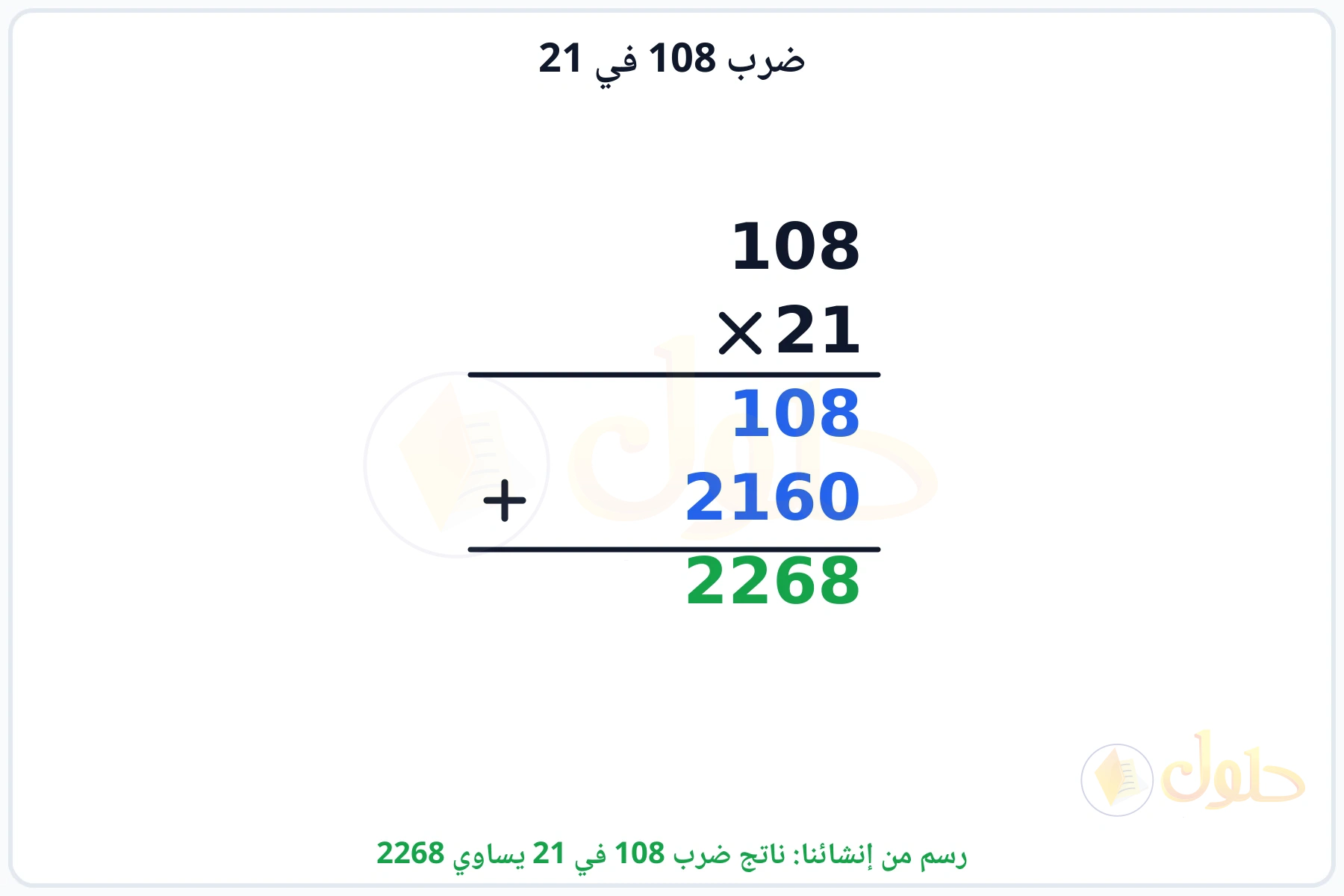 عملية ضرب 108 في 21 بالترتيب العمودي وناتجها 2268