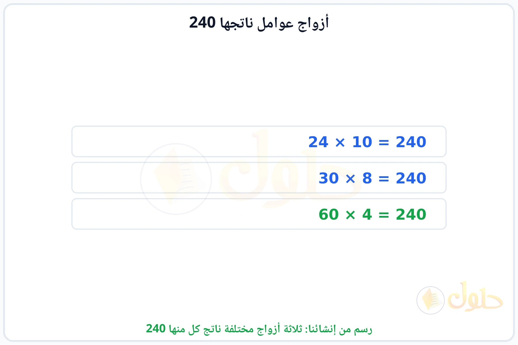 ثلاثة أزواج من العوامل ناتج ضرب كل زوج يساوي 240