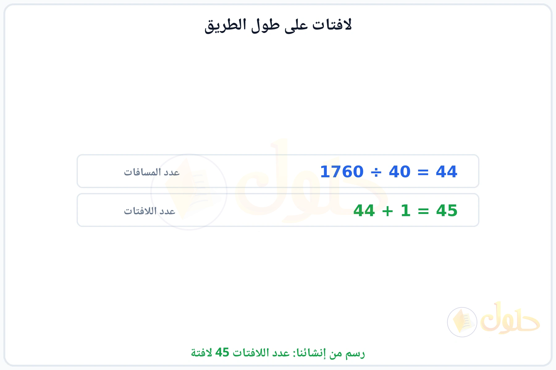 حساب عدد المسافات على الطريق ثم إضافة واحد ليكون عدد اللافتات 45