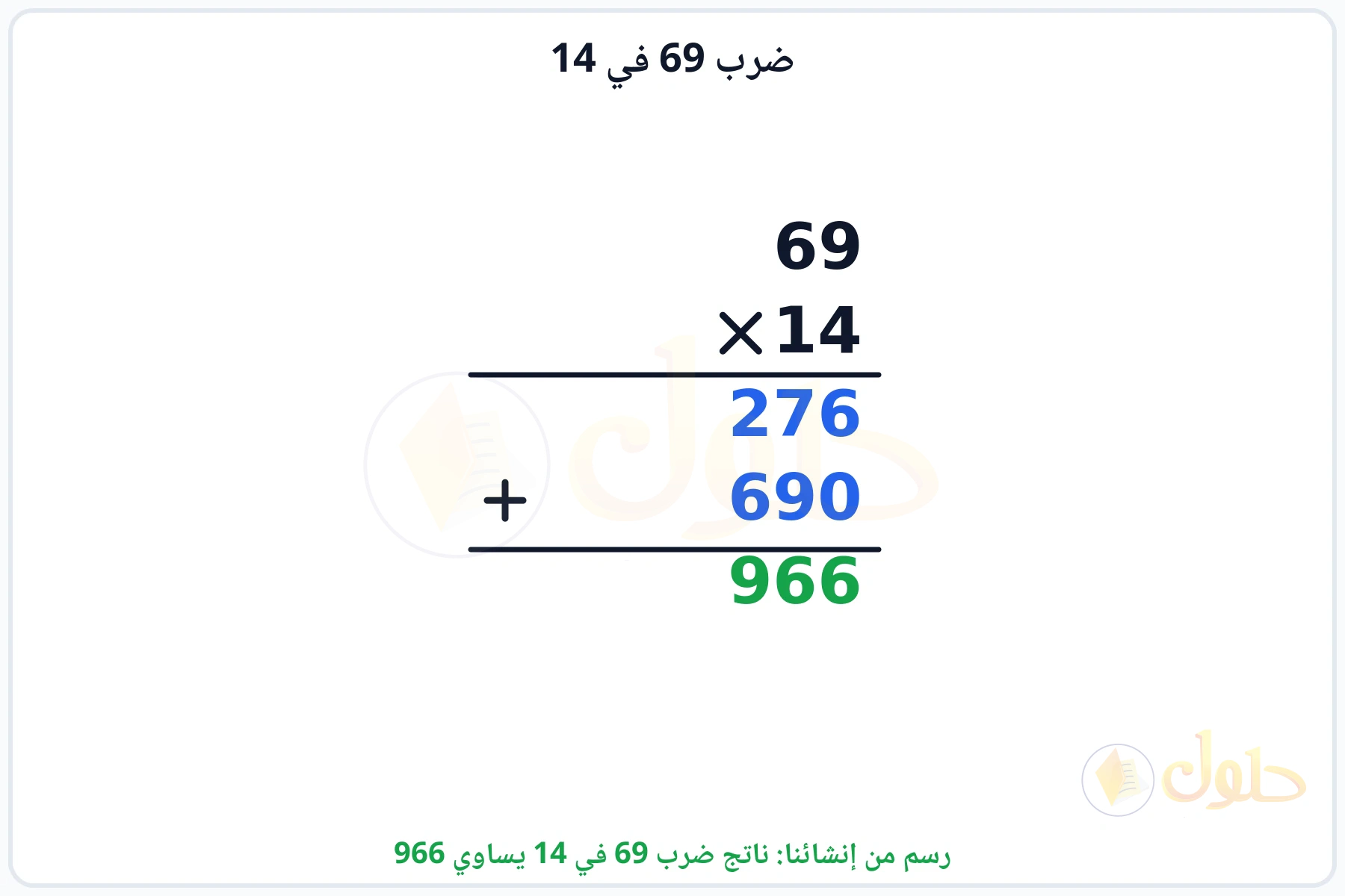 عملية ضرب 69 في 14 بالترتيب العمودي وناتجها 966